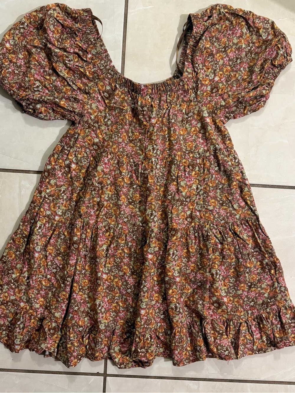 Wild Fable Brown Floral Puff-Sleeve Smocked Dress Size Medium - Picture 3 of 4